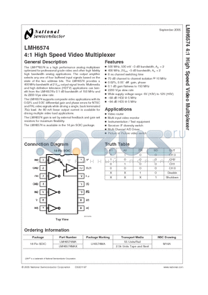 LMH6574MAX datasheet - 4:1 High Speed Video Multiplexer