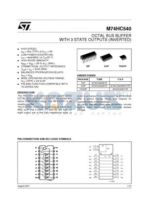 M74HC540M1R datasheet - OCTAL BUS BUFFER WITH 3 STATE OUTPUTS (INVERTED)