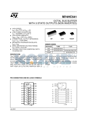 M74HC541B1R datasheet - OCTAL BUS BUFFER WITH 3 STATE OUTPUTS (NON INVERTED)