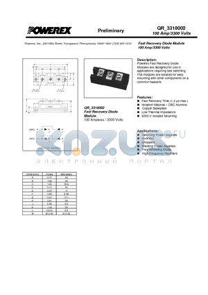 QRC330002 datasheet - Fast Recovery Diode Module (100 Amp/3300 Volts)