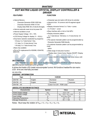 IZ44780-01 datasheet - DOT MATRIX LIQUID CRYSTAL DISPLAY CONTROLLER & DRIVER