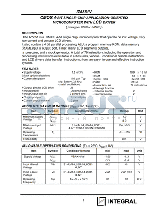 IZ5851V datasheet - CMOS 4-BIT SINGLE-CHIP APPLICATION-ORIENTED MICROCOMPUTER WITH LCD DRIVER