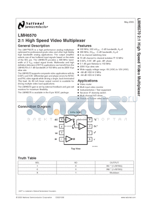 LMH6570MAX datasheet - 2:1 High Speed Video Multiplexer