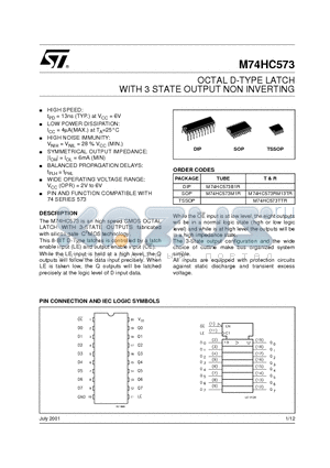 M74HC573 datasheet - OCTAL D-TYPE LATCH WITH 3 STATE OUTPUT NON INVERTING