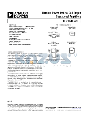 OP281 datasheet - Ultralow Power, Rail-to-Rail Output Operational Amplifiers