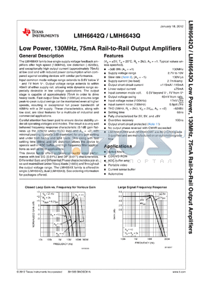 LMH6643QMM datasheet - Low Power, 130MHz, 75mA Rail-to-Rail Output Amplifiers