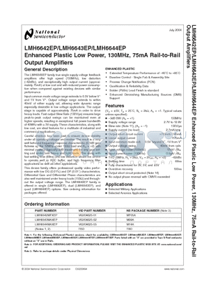 LMH6644EP datasheet - Enhanced Plastic Low Power, 130MHz, 75mA Rail-to-Rail Output Amplifiers