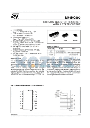 M74HC590B1R datasheet - 8 BINARY COUNTER REGISTER WITH 3 STATE OUTPUT