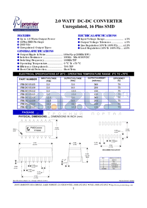 PM-DC12109 datasheet - 2.0 WATT DC-DC CONVERTER Unregulated, 16 Pins SMD