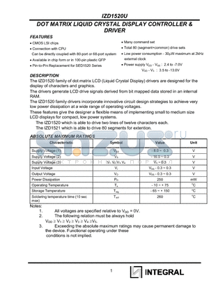 IZD1520AA datasheet - DOT MATRIX LIQUID CRYSTAL DISPLAY CONTROLLER & DRIVER