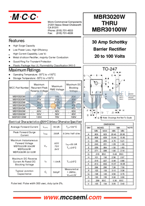 MBR3035W datasheet - 30 Amp Schottky Barrier Rectifier 20 to 100 Volts