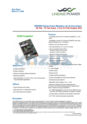 QRW025A0G1-HZ datasheet - 36 Vdc - 75 Vdc Input, 1.2 to 3.3 Vdc Output; 25A