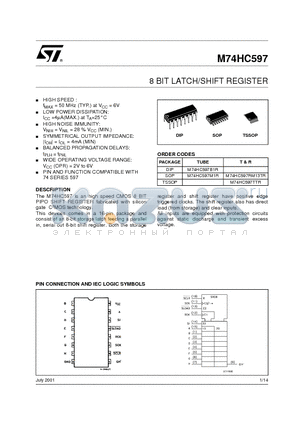 M74HC597TTR datasheet - 8 BIT LATCH/SHIFT REGISTER