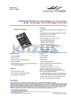 QRW035A0F datasheet - 36 Vdc - 75 Vdc Input, 1.0 to 12 Vdc Output; 10 A to 40 A