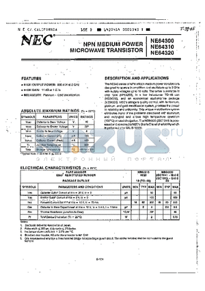 NE64300 datasheet - NPN MEDIUM POWER MICROWAVE TRANSISTOR