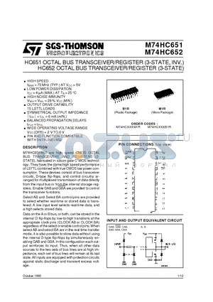 M74HC651B1R datasheet - HC652 OCTAL BUS TRANSCEIVER/REGISTER 3-STATE HC651 OCTAL BUS TRANSCEIVER/REGISTER 3-STATE, INV.