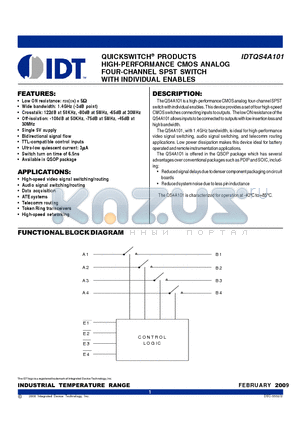 QS4A101Q datasheet - QUICKSWITCH^ PRODUCTS HIGH-PERFORMANCE CMOS ANALOG FOUR-CHANNEL SPST SWITCH WITH INDIVIDUAL ENABLES