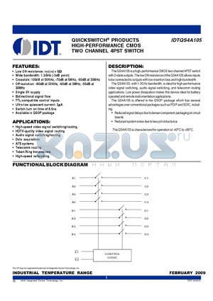 QS4A105QG datasheet - QUICKSWITCH^ PRODUCTS HIGH-PERFORMANCE CMOS TWO CHANNEL 4PST SWITCH