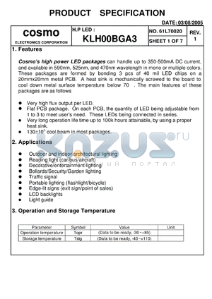 KLH00BGA3 datasheet - Cosmos high power LED packages can handle up to 350-500mA DC current