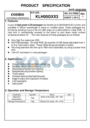 KLH00GXX3 datasheet - Cosmos high power LED packages can handle up to 350-500mA DC current