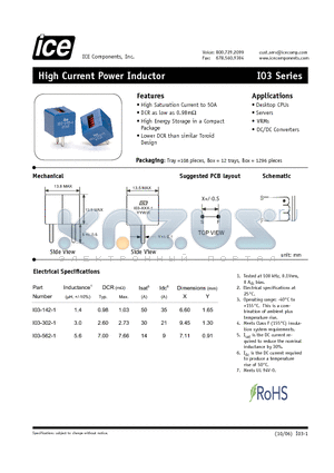 I03-302-1 datasheet - High Current Power Inductor
