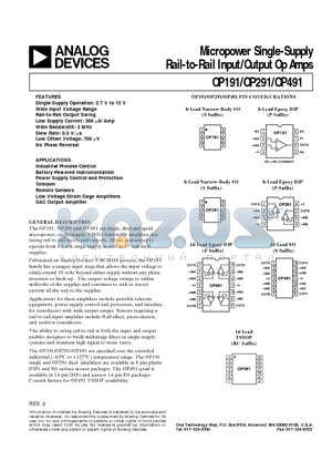 OP291GS datasheet - Micropower Single-Supply Rail-to-Rail Input/Output Op Amps