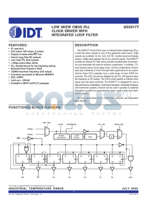 QS5917T-100TJ datasheet - LOW SKEW CMOS PLL CLOCK DRIVER WITH INTEGRATED LOOP FILTER