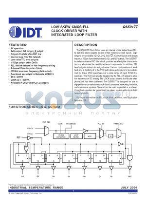 QS5917T-70TJ datasheet - LOW SKEW CMOS PLL CLOCK DRIVER WITH INTEGRATED LOOP FILTER