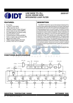 QS5919T datasheet - LOW SKEW TTL PLL CLOCK DRIVER WITH INTEGRATED LOOP FILTER