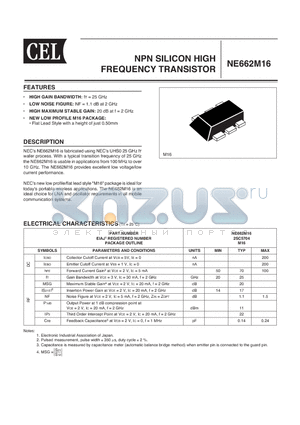 NE662M16-T3-A datasheet - NPN SILICON HIGH FREQUENCY TRANSISTOR