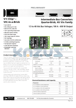 I048C030T015P1 datasheet - Intermediate Bus Converters Quarter-Brick, 48 Vin Family 1.5 to 48 Vdc Bus Voltages; 100 A - 600 W Output