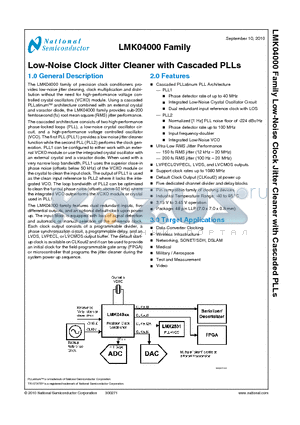 LMK04000BISQ datasheet - Low-Noise Clock Jitter Cleaner with Cascaded PLLs