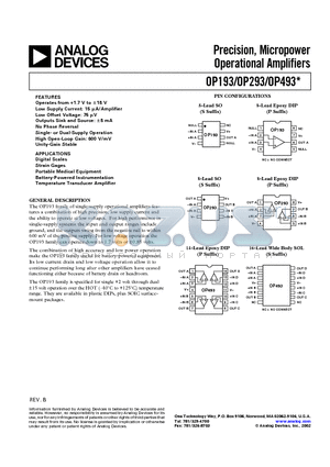 OP293FP datasheet - Precision, Micropower Operational Amplifiers