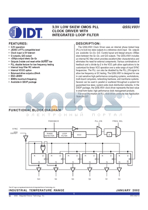 QS5LV931 datasheet - 3.3V LOW SKEW CMOS PLL CLOCK DRIVER WITH INTEGRATED LOOP FILTER