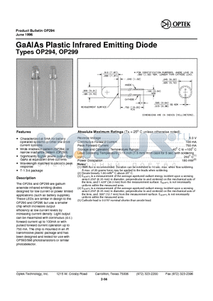 OP294 datasheet - GaAlAs Plastic Infrared Emitting Diode