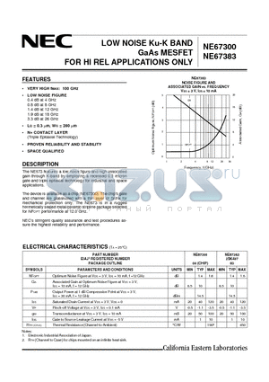 NE67300 datasheet - LOW NOISE Ku-K BAND GaAs MESFET FOR HI REL APPLICATIONS ONLY