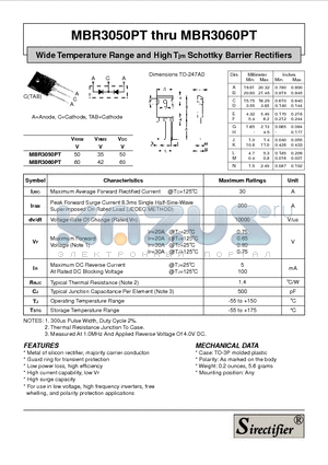 MBR3050PT datasheet - Wide Temperature Range and High Tjm Schottky Barrier Rectifiers