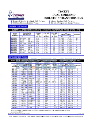 PM-IS21 datasheet - T1/CEPT DUAL CORE SMD ISOLATION TRANSFORMERS