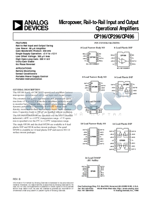 OP296HRU datasheet - Micropower, Rail-to-Rail Input and Output Operational Amplifiers