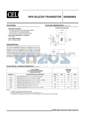 NE685M03 datasheet - NPN SILICON TRANSISTOR