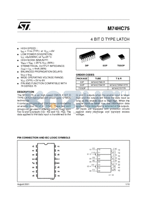 M74HC75 datasheet - 4 BIT D TYPE LATCH