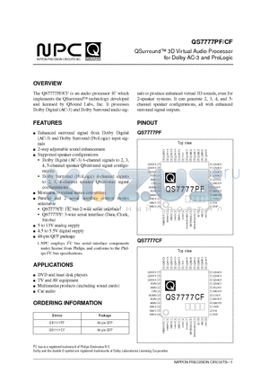 QS7777 datasheet - QSurround 3D Virtual Audio Processor for Dolby AC-3 and ProLogic