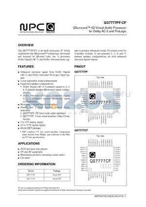 QS7777CF datasheet - QSurround 3D Virtual Audio Processor for Dolby AC-3 and ProLogic