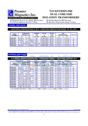 PM-IS82 datasheet - T1/CEPT/ISDN-PRI DUAL CORE SMD ISOLATION TRANSFORMERS