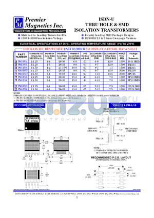 PM-IU10 datasheet - ISDN-U THRU HOLE & SMD ISOLATION TRANSFORMERS