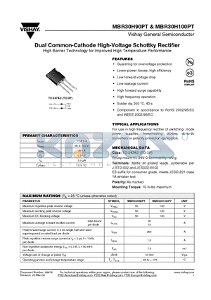 MBR30H100PT-E3/450 datasheet - Dual Common-Cathode High-Voltage Schottky Rectifier