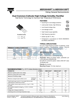 MBR30H10PT datasheet - Dual Common-Cathode High-Voltage Schottky Rectifier