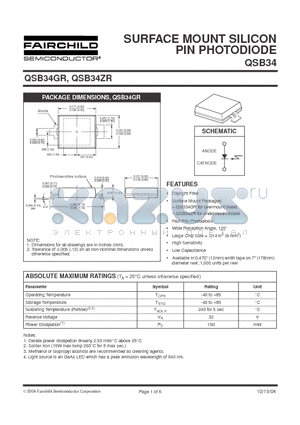 QSB34GR datasheet - SURFACE MOUNT SILICON PIN PHOTODIODE