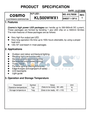 KLS00WWX1 datasheet - Cosmos high power LED packages can handle up to 350-500mA DC current