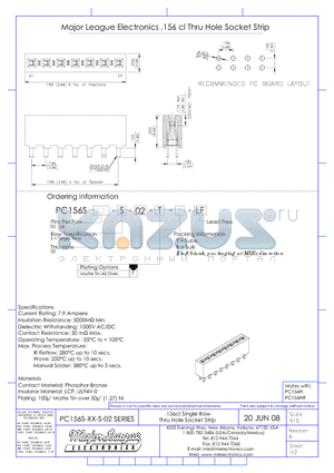 PC156S-XX-S-02 datasheet - .156cl Single Row Thru Hole Socket Strip